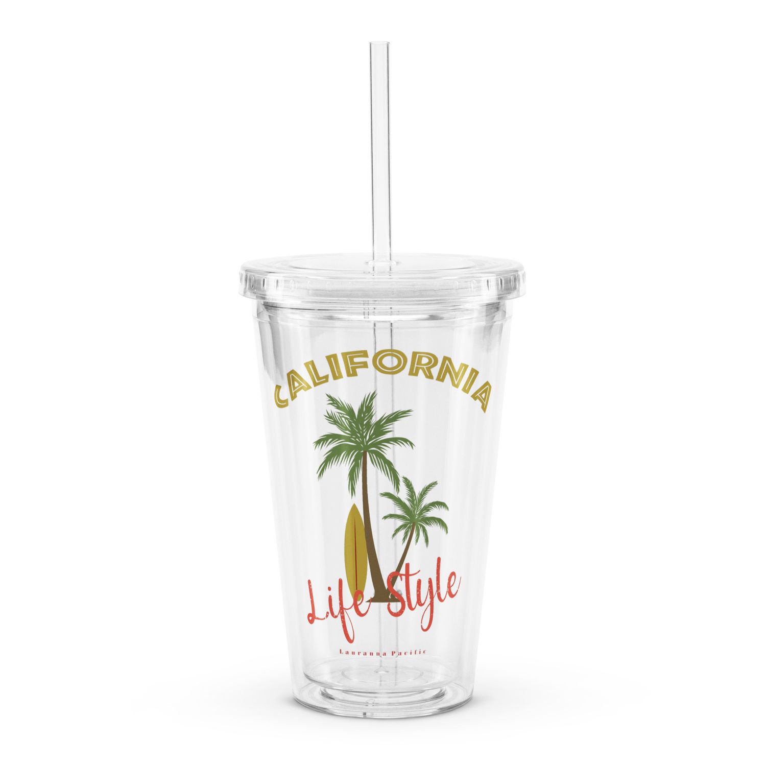 California Tropical Life Style, Palm Trees and Surfboard, Tropical Beach Vibes Clear Plastic Insulated Tumbler