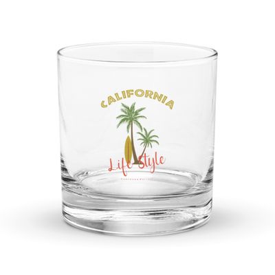 California Tropical Life Style, Palm Trees and Surfboard, Tropical Beach Vibes Rocks Glass