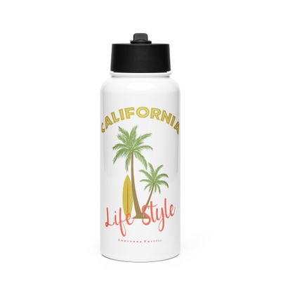 California Tropical Life Style, Palm Trees and Surfboard, Tropical Beach Vibes Stainless Steel Water Bottle with a Straw Lid