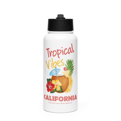 California Tropical Vibes, Tourist Vacation Stainless Steel Water Bottle with a Straw Lid