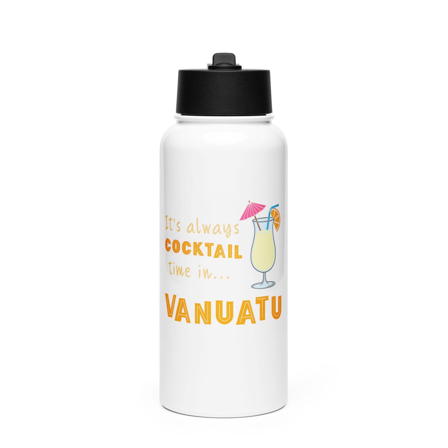 Its Always Cocktail Time in Vanuatu, Tropical Cocktail Vibes Stainless Steel Water Bottle with a Straw Lid