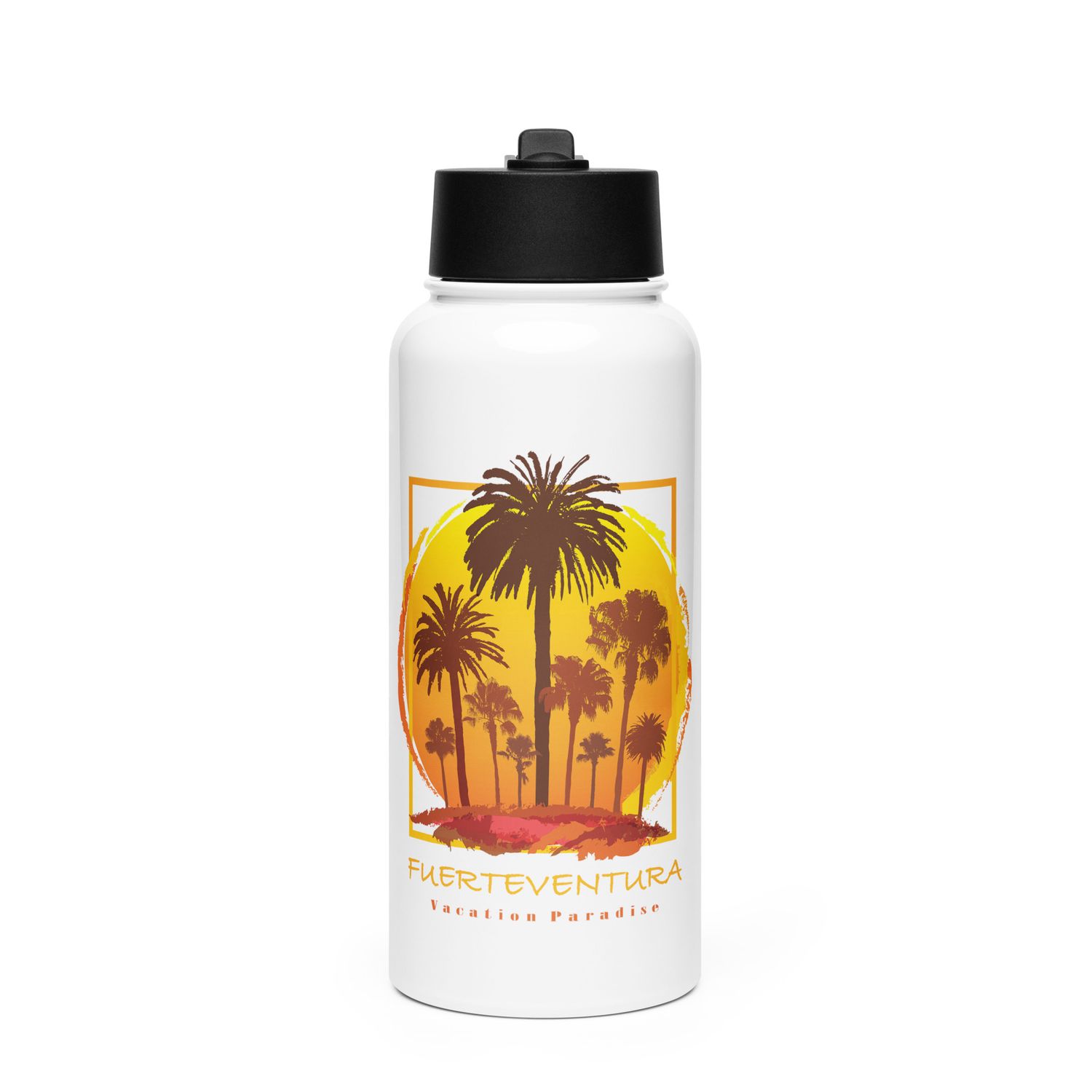 Fuerteventura Sunset Palms Stainless Steel Water Bottle with a Straw Lid
