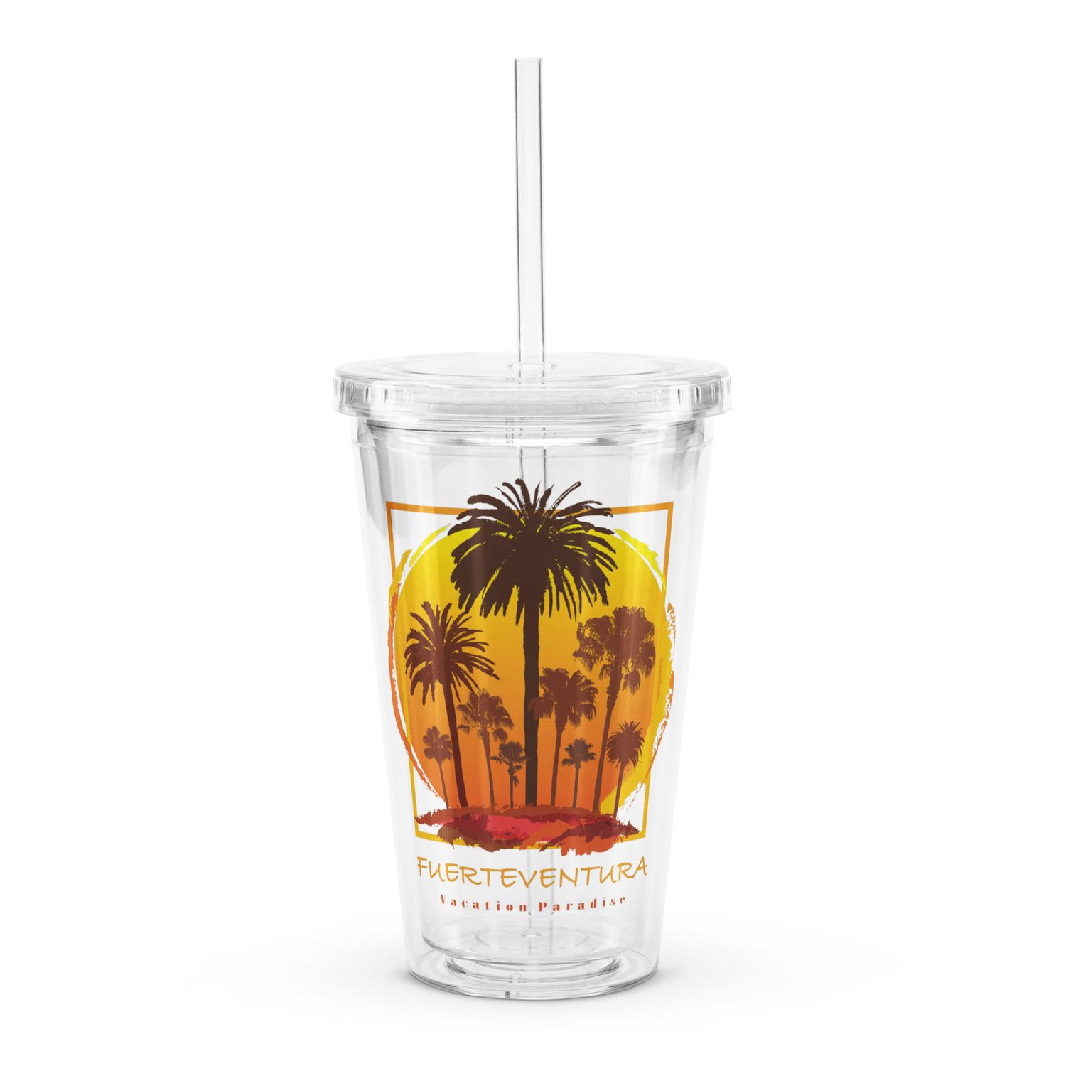 Fuerteventura Sunset Palms Clear Plastic Insulated Tumbler