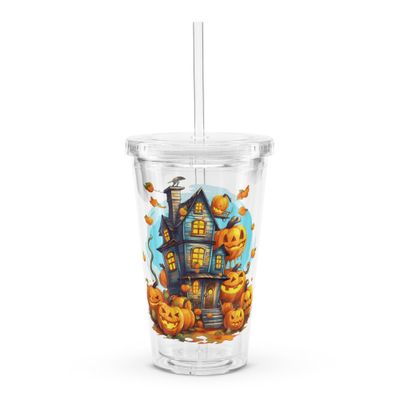 Halloween Haunted House 1 Clear Plastic Insulated Tumbler