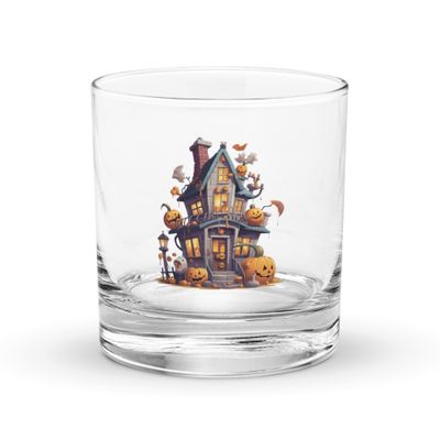 Halloween Haunted House with Pumpkins 1 Rocks Glass