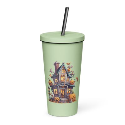 Halloween Haunted House with Pumpkins 1 Insulated Tumbler with a Straw