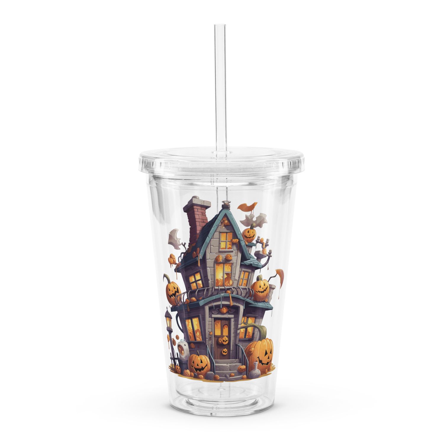 Halloween Haunted House with Pumpkins 1 Clear Plastic Insulated Tumbler