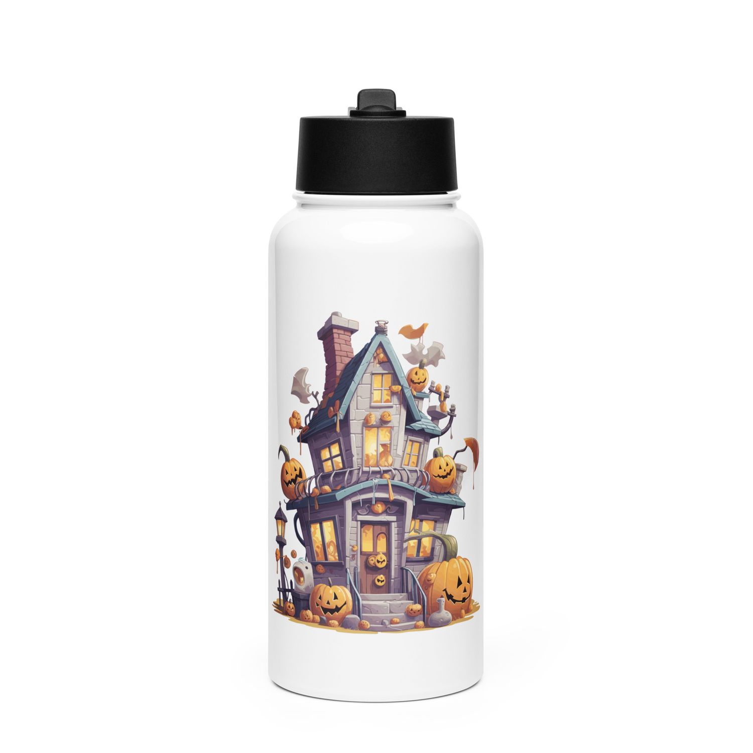 Halloween Haunted House with Pumpkins 1 Stainless Steel Water Bottle with a Straw Lid
