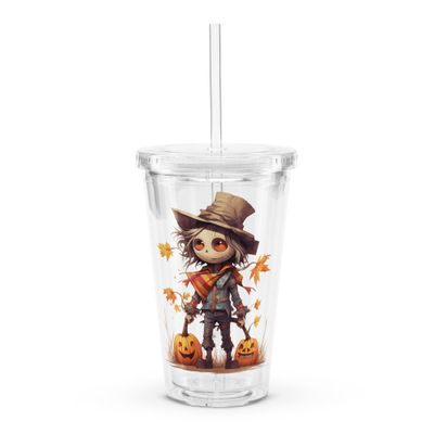 Halloween Scarecrow Boy Pumpkin 1 Clear Plastic Insulated Tumbler