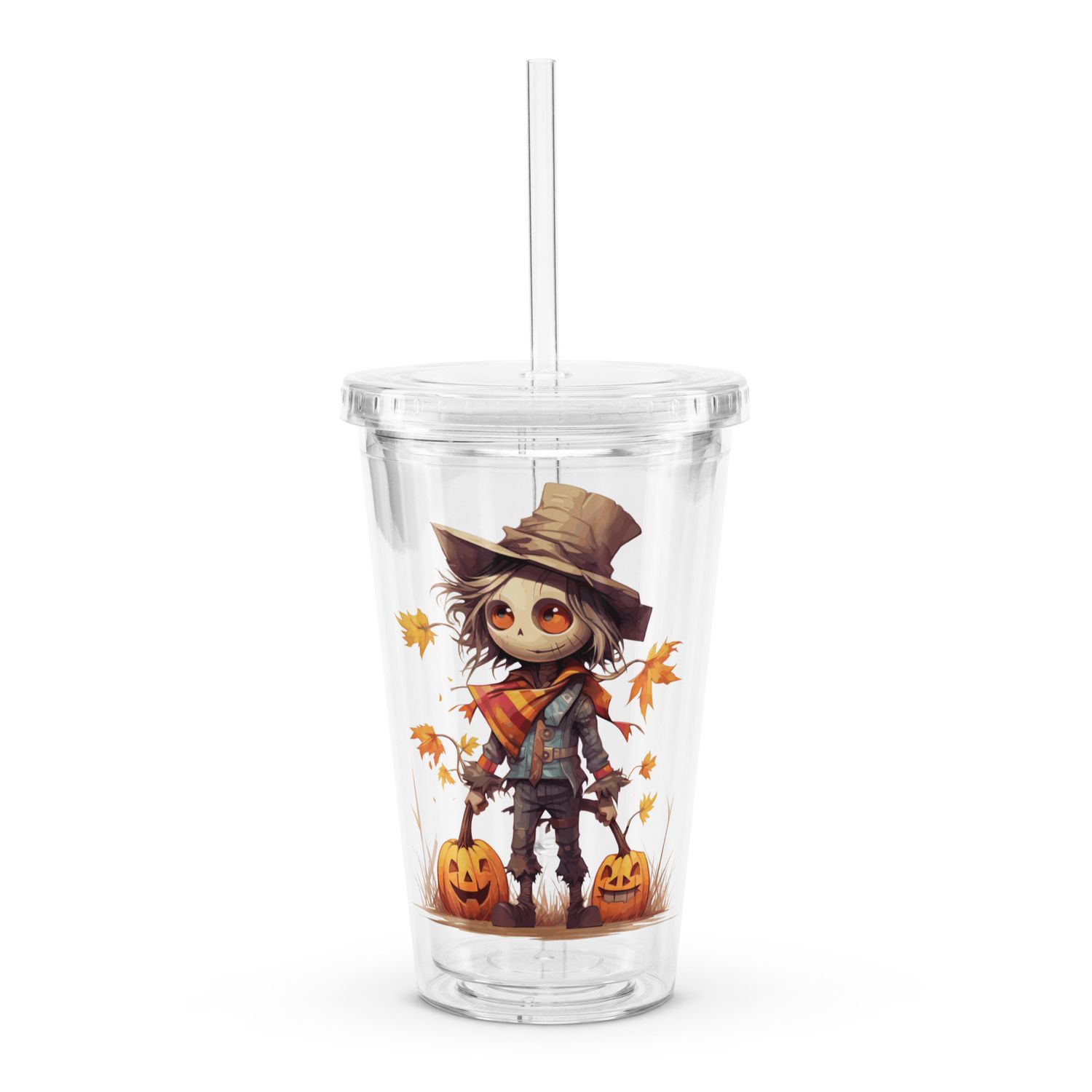 Halloween Scarecrow Boy Pumpkin 1 Clear Plastic Insulated Tumbler