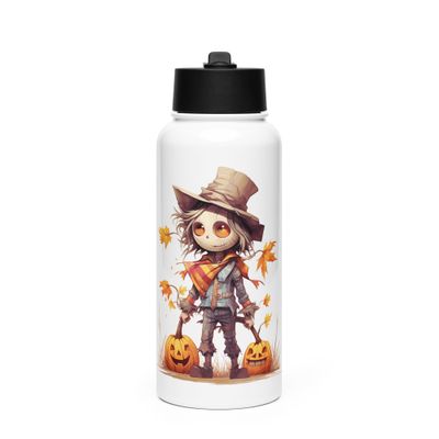 Halloween Scarecrow Boy Pumpkin 1 Stainless Steel Water Bottle with a Straw Lid