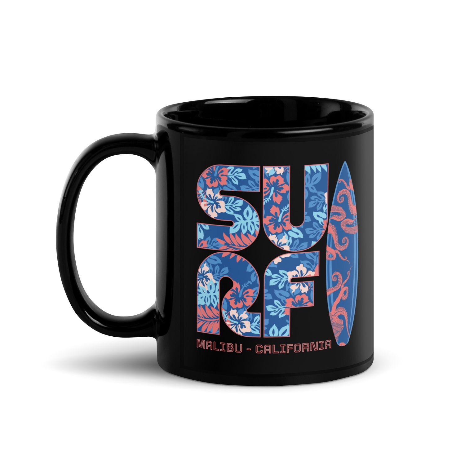 Surf Malibu California Black Coffee Mug
