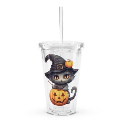 Halloween Witch Cat 1 Clear Plastic Insulated Tumbler