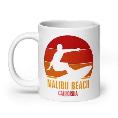 Surfing Malibu Beach California, Californian Surfer Red Design White Coffee Mug