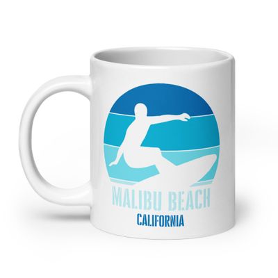 Surfing Malibu Beach California, Californian Surfer Blue Design White Coffee Mug