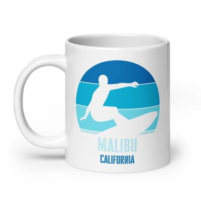 Surfing Malibu California, Californian Surfer Blue Design White Coffee Mug