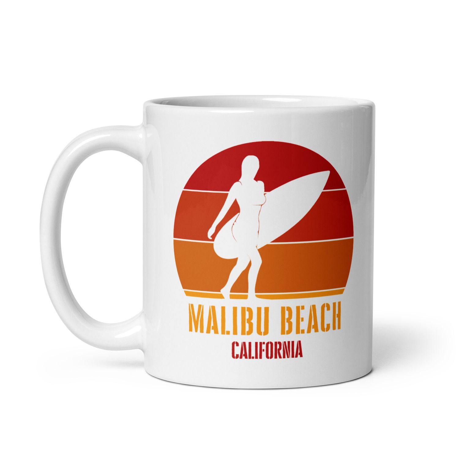 Surfing Malibu Beach California, Californian Surfer Girl Red Design White Coffee Mug
