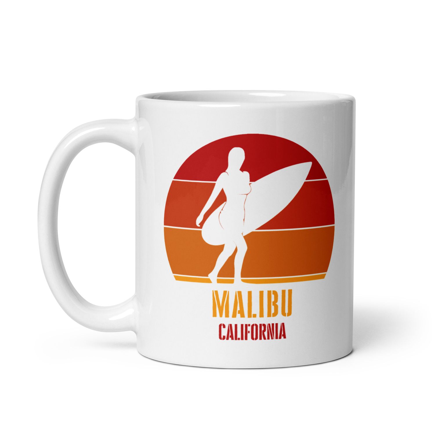 Surfing Malibu California, Californian Surfer Girl Red Design White Coffee Mug