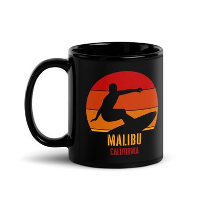 Surfing Malibu California, Californian Surfer Red Design Black Coffee Mug