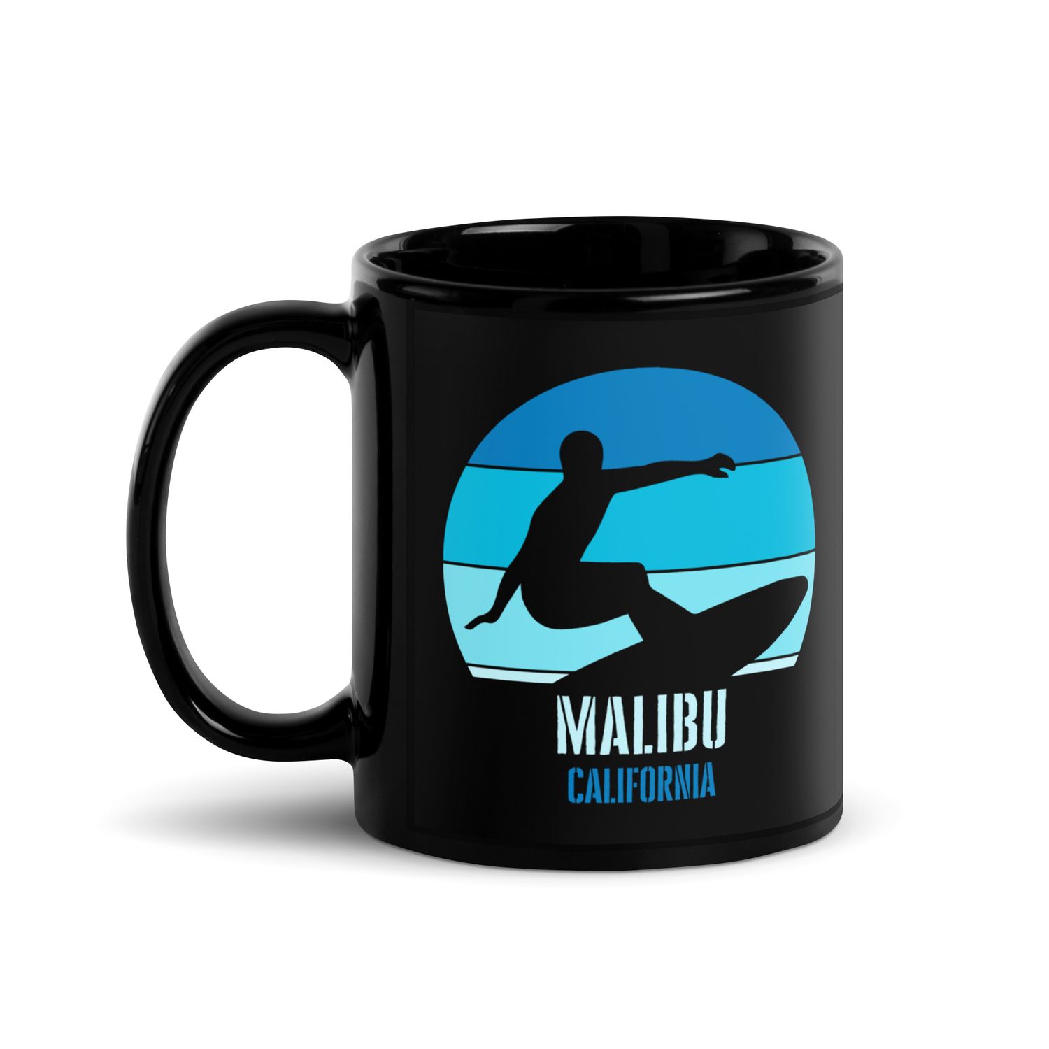 Surfing Malibu California, Californian Surfer Blue Design Black Coffee Mug