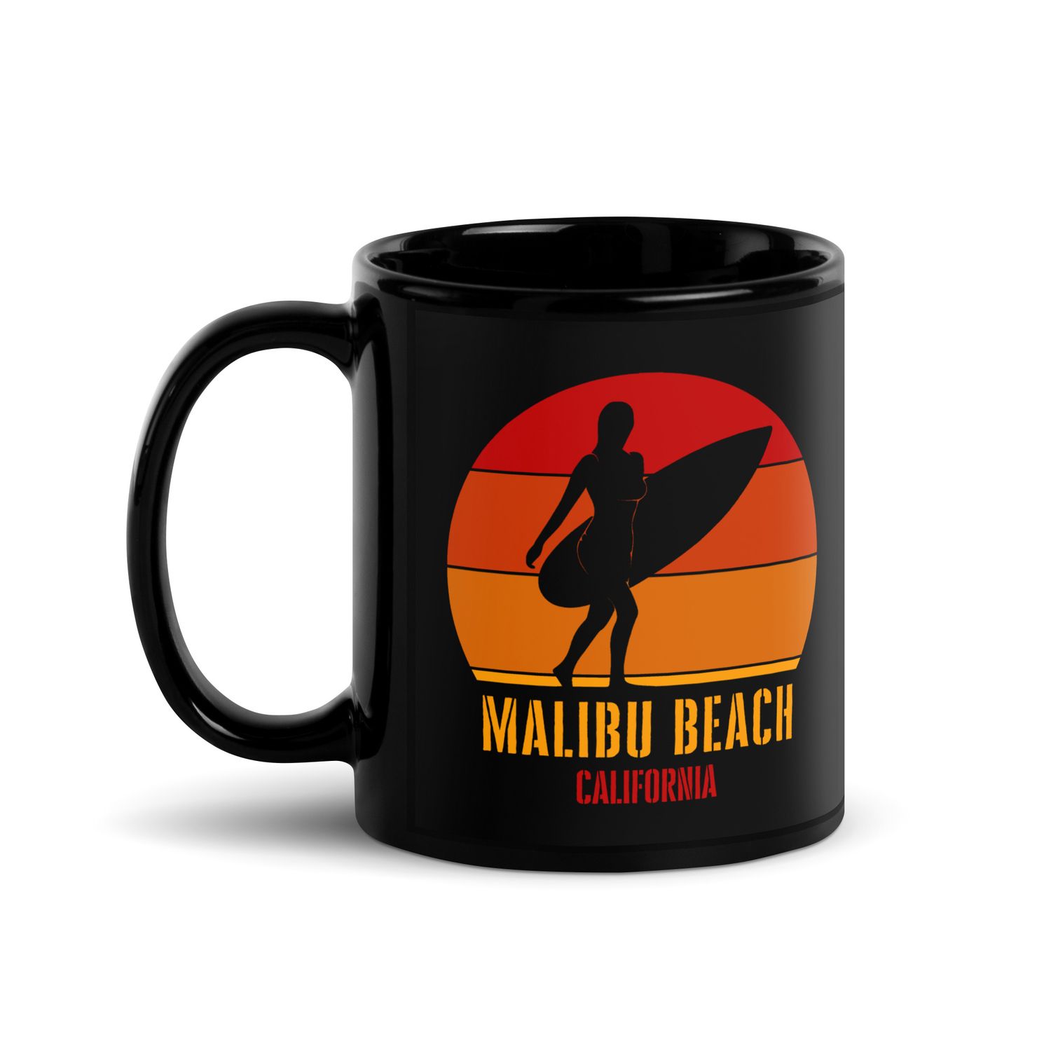 Surfing Malibu Beach California, Californian Surfer Girl Red Design Black Coffee Mug