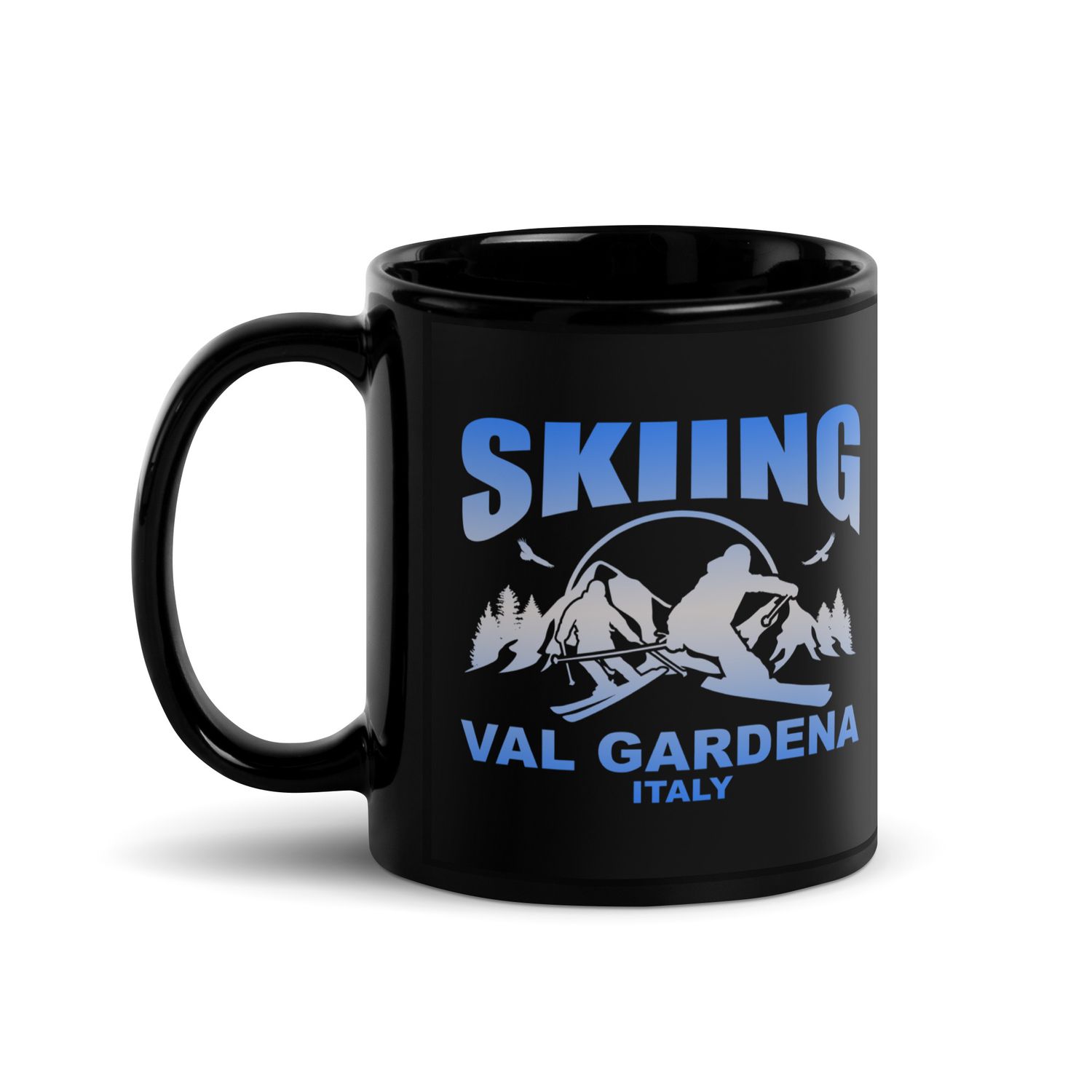 Skiing Val Gardena Italy Black Coffee Mug