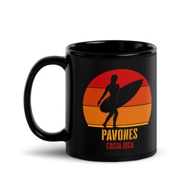 Surfing Pavones Costa Rica, Pacific Surfer Girl Red Design Black Coffee Mug