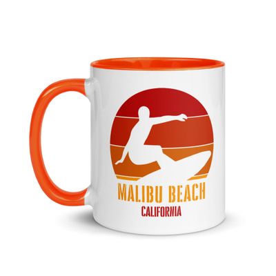 Surfing Malibu Beach California, Californian Surfer Red Design Ceramic Mug with Color Interior