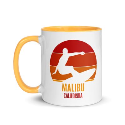 Surfing Malibu California, Californian Surfer Red Design Ceramic Mug with Color Interior