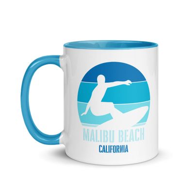 Surfing Malibu Beach California, Californian Surfer Blue Design Ceramic Mug with Color Interior