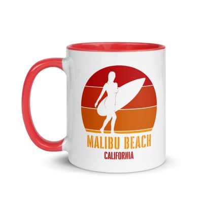 Surfing Malibu Beach California, Californian Surfer Girl Red Design Coffee Mug with Color Interior