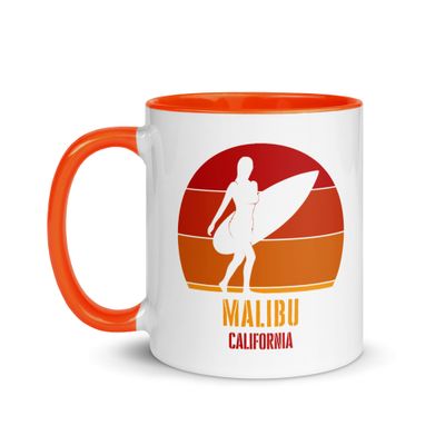 Surfing Malibu California, Californian Surfer Girl Red Design Coffee Mug with Color Interior