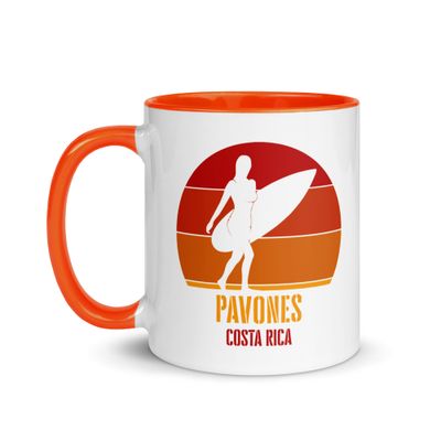 Surfing Pavones Costa Rica, Pacific Surfer Girl Coffee Mug with Color Interior