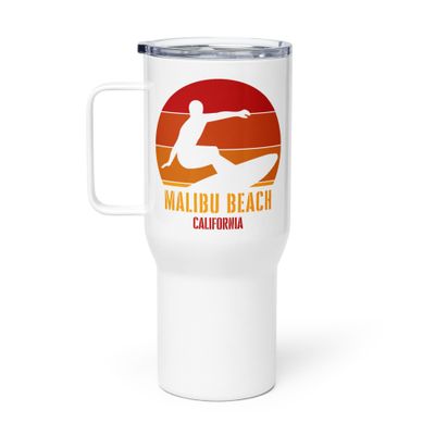 Surfing Malibu Beach California, Californian Surfer Red Design Travel Mug with a Handle