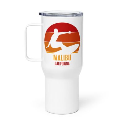 Surfing Malibu California, Californian Surfer Red Design Travel Mug with a Handle