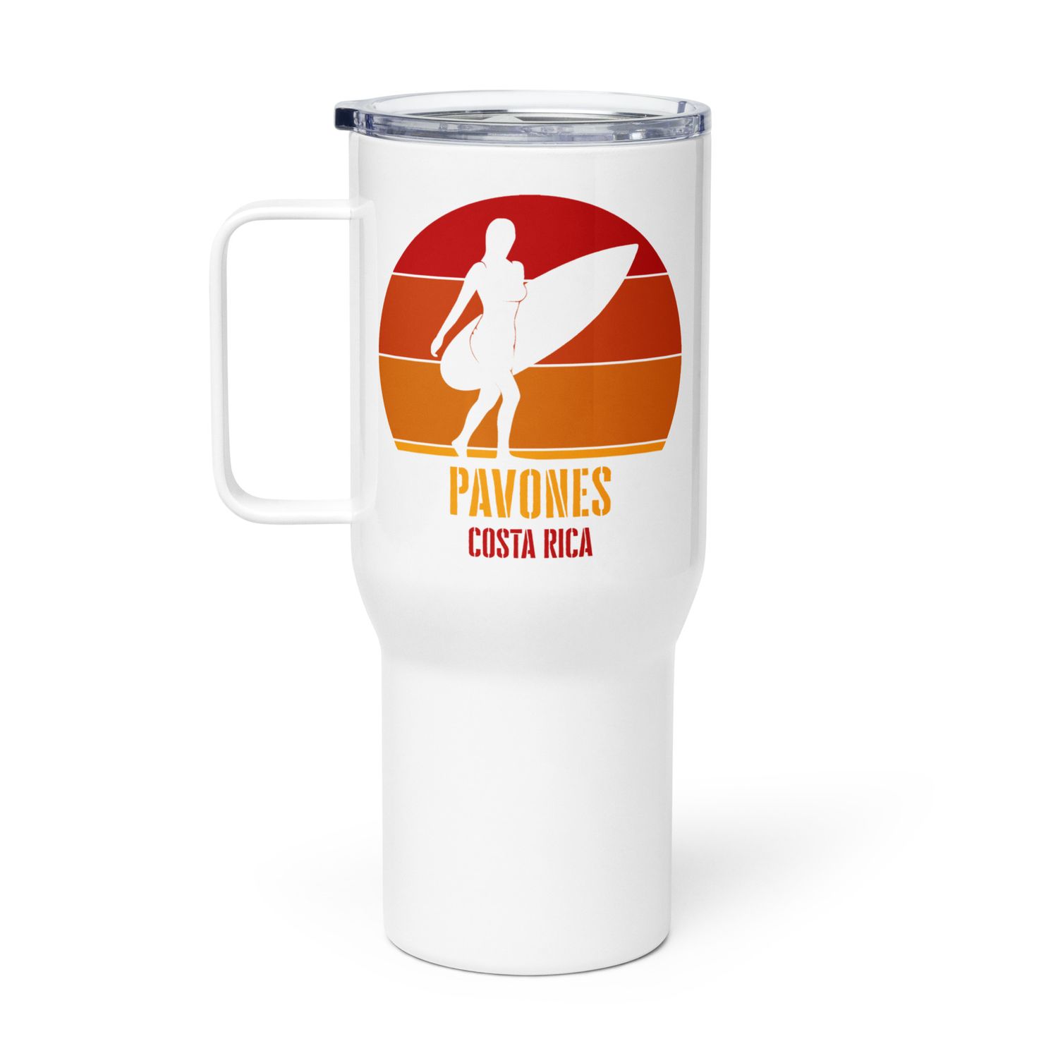 Surfing Pavones Costa Rica, Pacific Surfer Girl Red Design Travel Mug with a Handle