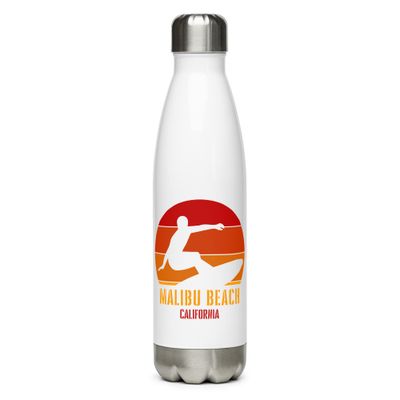 Surfing Malibu Beach California, Californian Surfer Red Design Stainless Steel Water Bottle