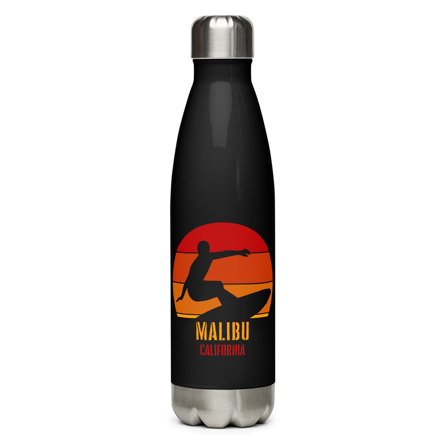 Surfing Malibu California, Californian Surfer Red Design Stainless Steel Water Bottle