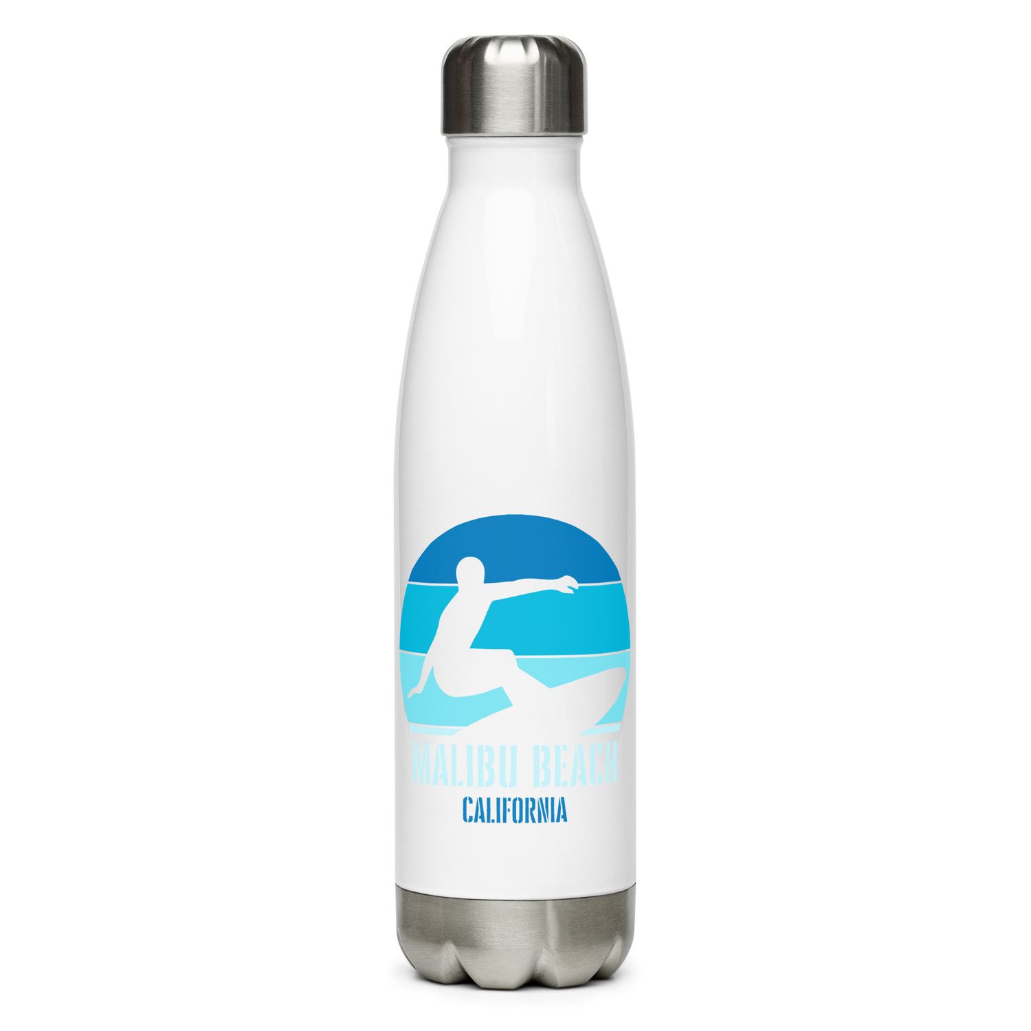 Surfing Malibu Beach California, Californian Surfer Blue Design Stainless Steel Water Bottle