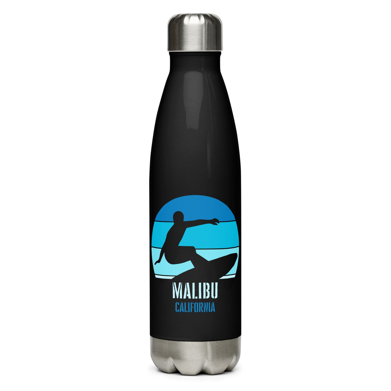 Surfing Malibu California, Californian Surfer Blue Design Stainless Steel Water Bottle