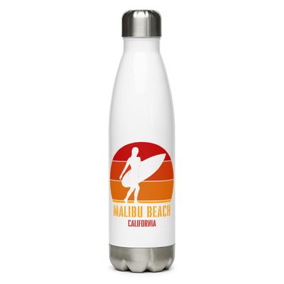Surfing Malibu Beach California, Californian Surfer Girl Red Design Stainless Steel Water Bottle