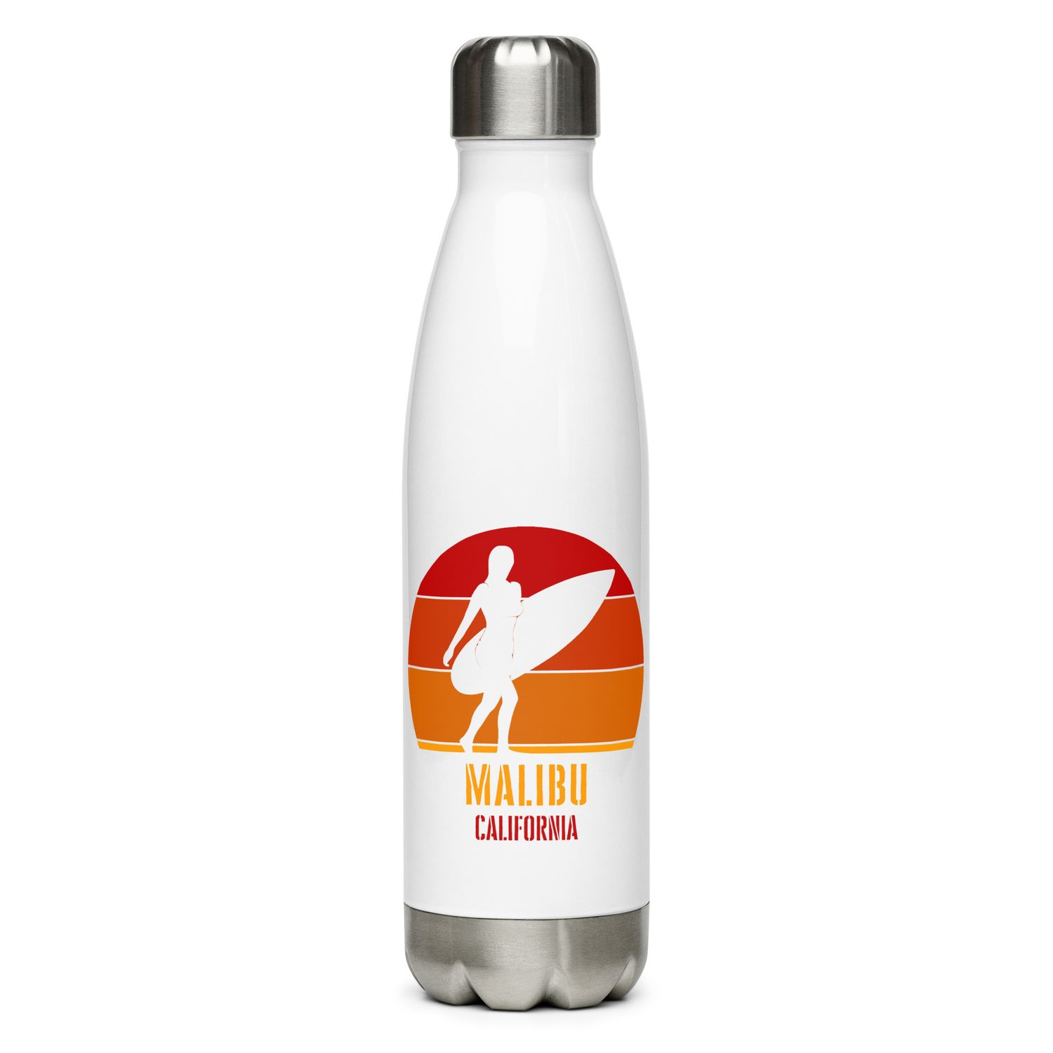 Surfing Malibu California, Californian Surfer Girl Red Design Stainless Steel Water Bottle