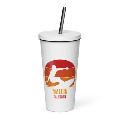 Surfing Malibu California, Californian Surfer Red Design Insulated Tumbler with a Straw