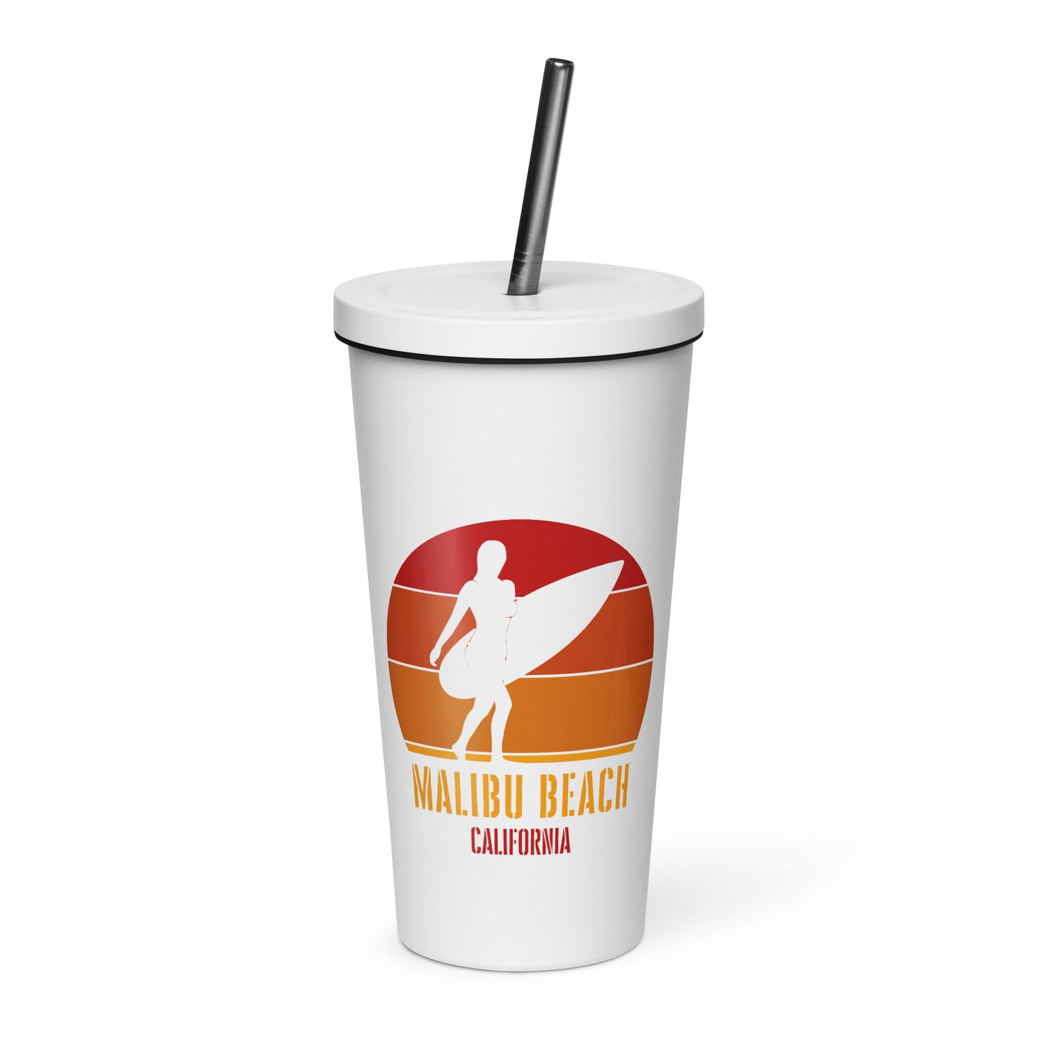 Surfing Malibu Beach California, Californian Surfer Girl Red Design Insulated Tumbler with a Straw