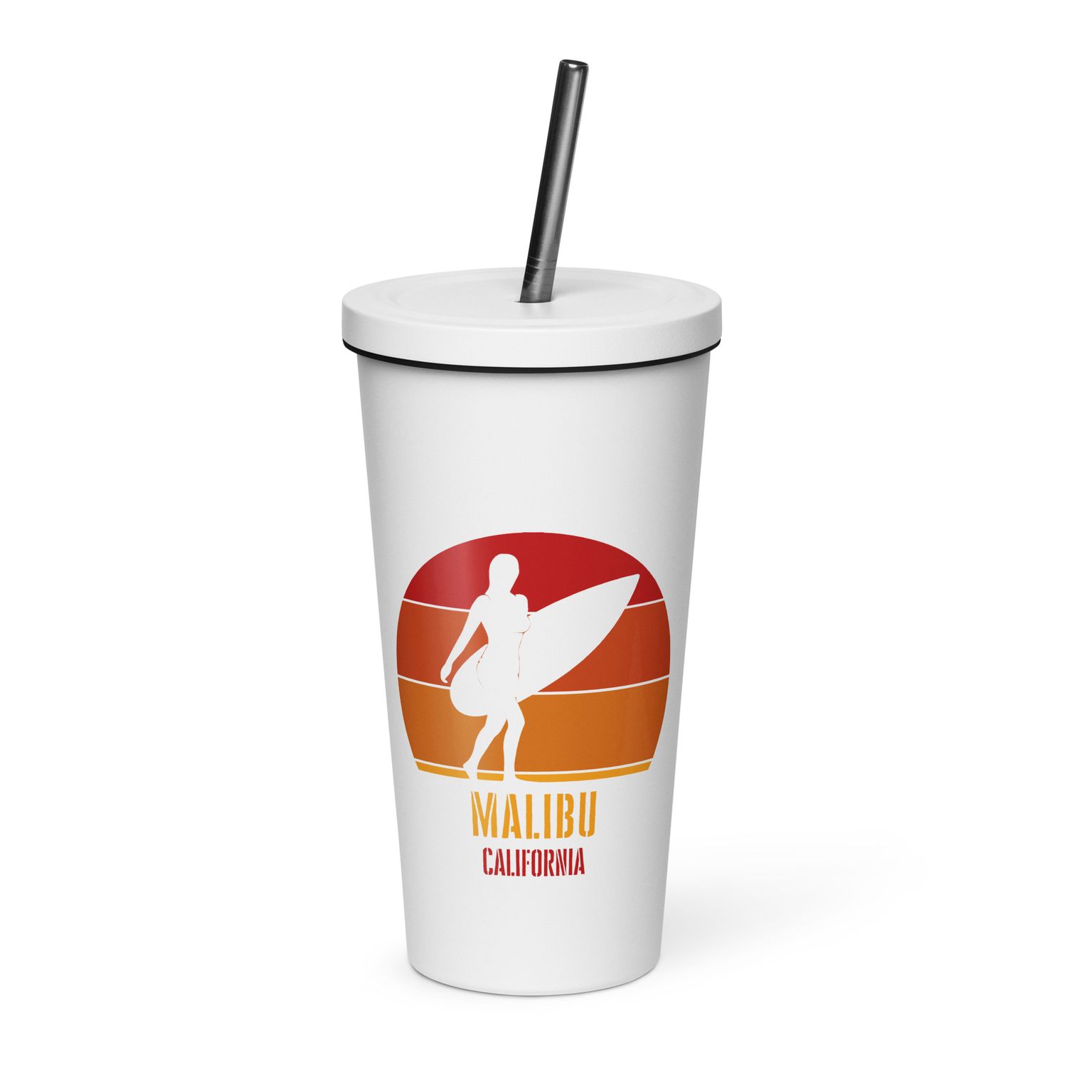Surfing Malibu California, Californian Surfer Girl Red Design Insulated Tumbler with a Straw