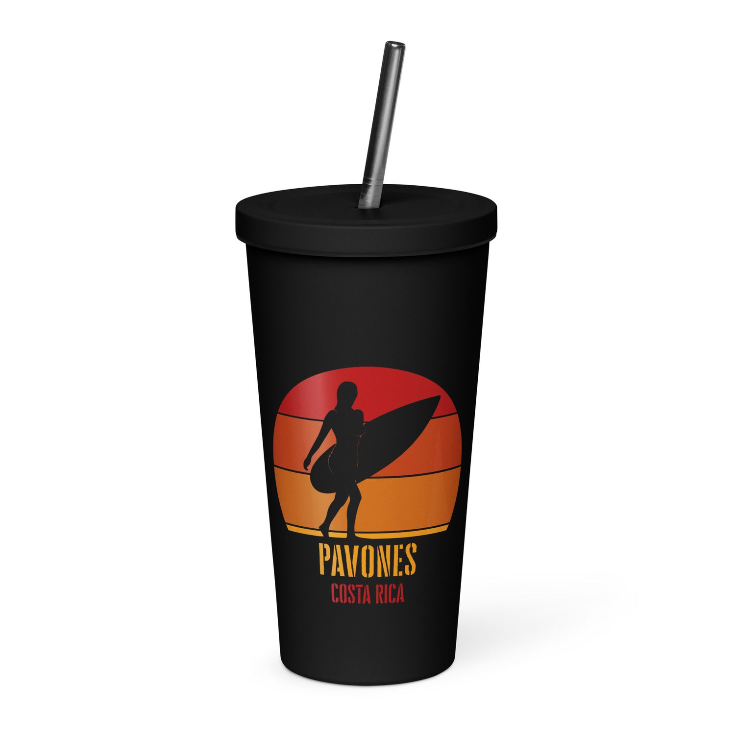 Surfing Pavones Costa Rica, Pacific Surfer Girl Red Design Insulated Tumbler with a Straw