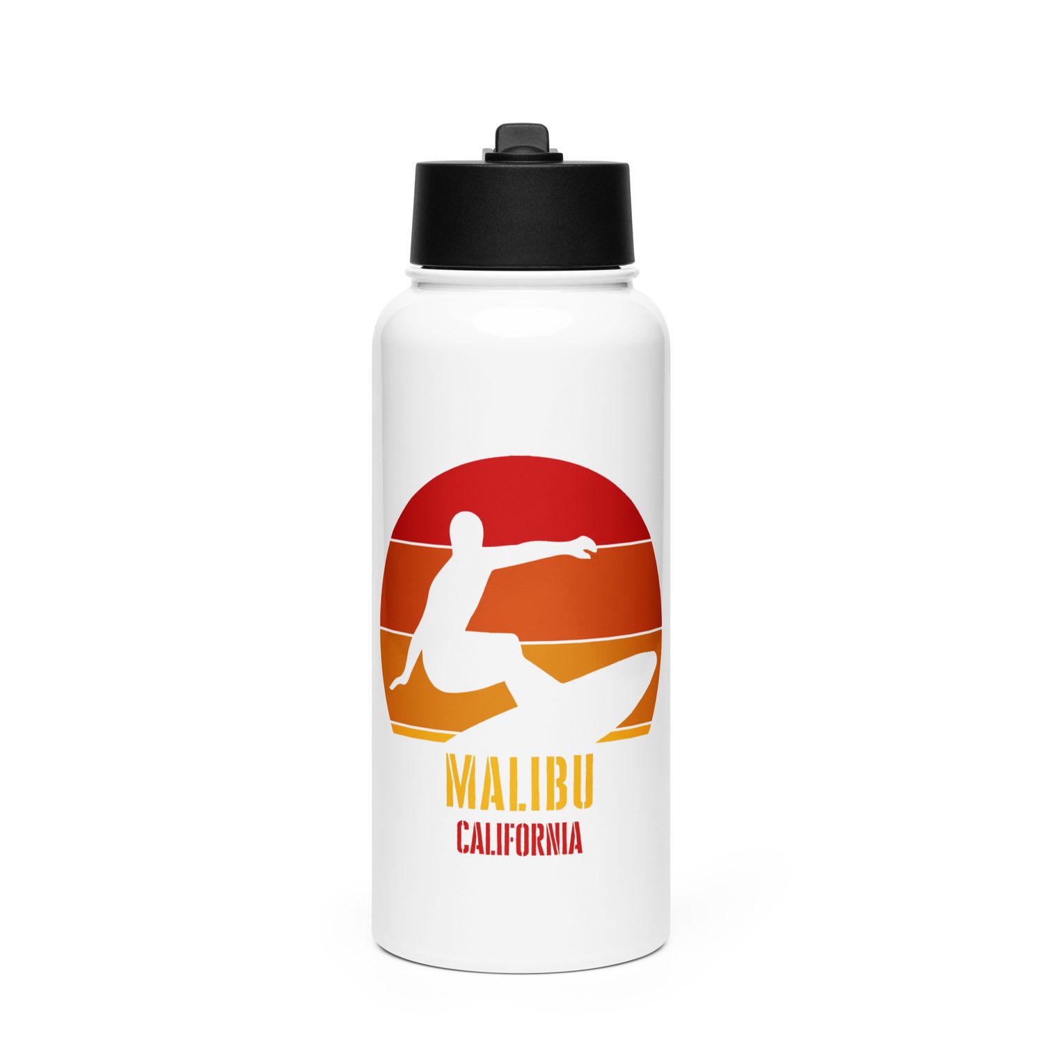 Surfing Malibu California, Californian Surfer Red Design Stainless Steel Water Bottle with a Straw Lid