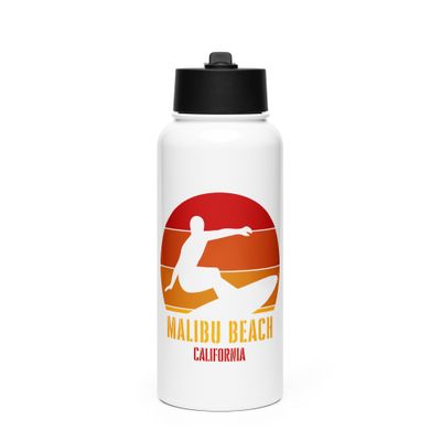 Surfing Malibu Beach California, Californian Surfer Red Design Stainless Steel Water Bottle with a Straw Lid