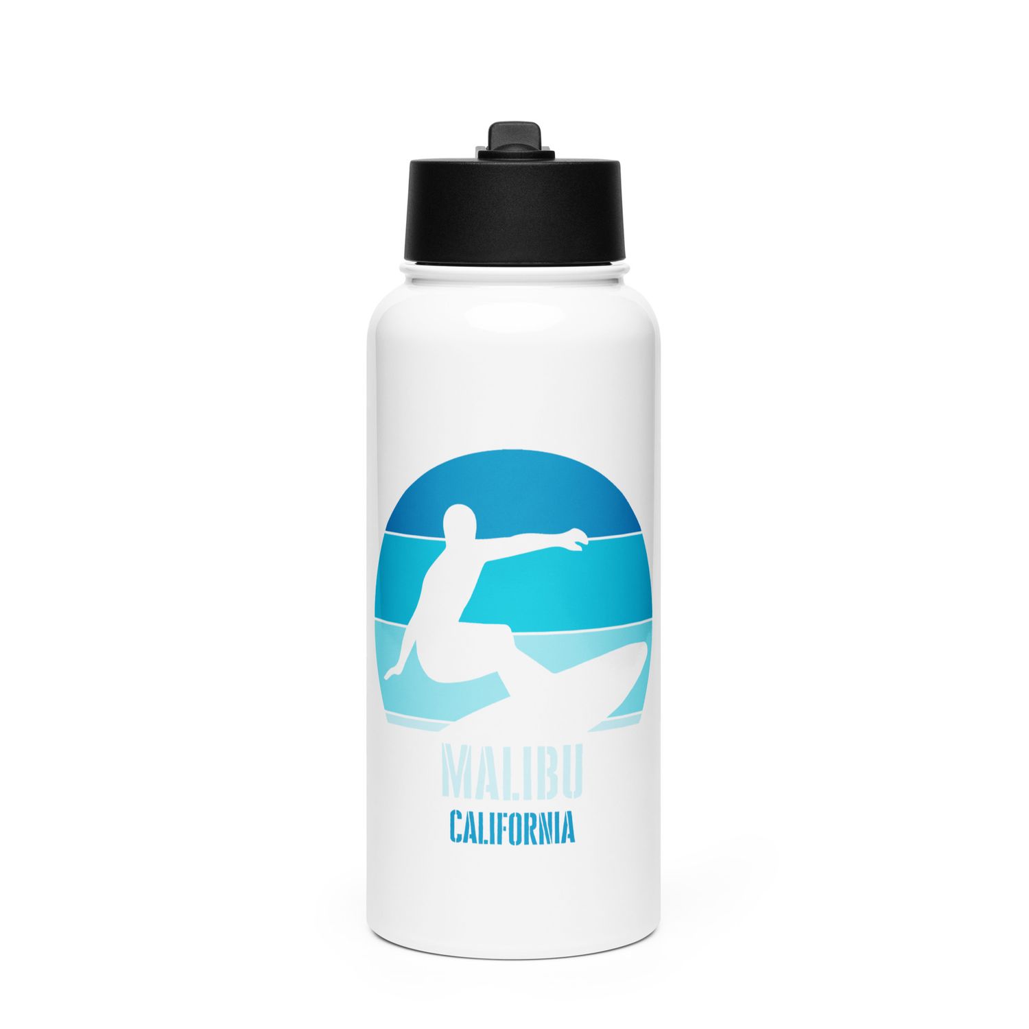 Surfing Malibu California, Californian Surfer Blue Design Stainless Steel Water Bottle with a Straw Lid