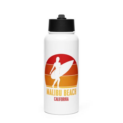 Surfing Malibu Beach California, Californian Surfer Girl Red Design Stainless Steel Water Bottle with a Straw Lid